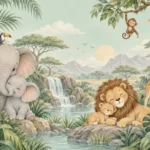 פילים, אריה עם גור, ג'ירפות, קוף וטוקן בנוף ירוק עם מפל, בצבעים רכים של ירוק, חום וכחול.