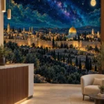 נוף עירוני עם כיפת זהב על רקע שמיים מלאי כוכבים בצבעים כחול, זהב וירוק.
