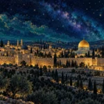 נוף עירוני עם כיפת זהב על רקע שמיים מלאי כוכבים בצבעים כחול, זהב וירוק.
