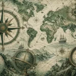מפת עולם בסגנון עתיק עם מצפנים גדולים וגלובוס בצבעים ירוק, בז' וחום
