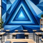 טפט עם משולשים כחולים על קיר בסלון עם ספה בצבע אפור ושולחן עץ לבן.