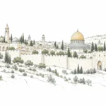 טפט עם כיפה זהובה על רקע עיר היסטורית, בצבעים של בז', ירוק וזהב