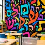 טפט אותיות עבריות צבעוניות על קיר בחדר ילדים עם צעצועי עץ ורצפת פרקט בהירה.