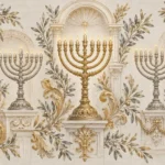 מנורות מעוטרות בנרות זוהרים עם עיצובים פרחוניים ועלי כותרת בזהב וכסף.