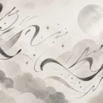 ירח בין עננים מופשטים, גווני אפור ושחור, קווים רכים ומסתוריים