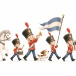 שורת חיילי צעצוע בתלבושות אדומות עם כובעים שחורים, לצד סוס, כלב ועגלה בסגנון קרטוני.