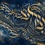 קליגרפיה עברית עם כוכבים וענפים בצבעי זהב וכחול עמוק
