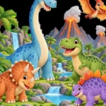 איור צבעוני של דינוזאורים מצוירים בנוף פרהיסטורי עם הרי געש ומפלים בגווני כחול, ירוק, כתום וסגול.