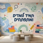 טפט חינוכי עם ספרים ועיפרון על קיר בחדר ילדים עם מיטה וחלון גדול