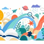טפט עם ספר פתוח, גלובוס ונורה בצבעים כחול, ירוק וצהוב