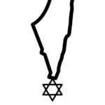 קווי מתאר של מפה בשחור עם מגן דוד תלוי ולב אדום, בעיצוב מינימליסטי.