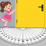 מדבקה של ילדה מצוירת בשמלה ורודה עם מד זווית ודלת צהובה על קיר בחדר ילדים עם שטיח צבעוני ורהיטים פשוטים.