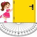 ילדה מצוירת בשמלה ורודה וקשת, נשענת על דלת צהובה עם דוגמת מחוגה על הרצפה, בגווני ורוד, צהוב ואפור.