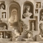 פסלים ודיוקנאות קלאסיים בקירות אבן עם קשתות, בצבעי בג' ואבן