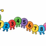 זחל קריקטורה עם ראש ירוק ומקטעים ממוספרים בצבעים שונים, כולל סגול וכתום