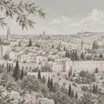 נוף עירוני עם בניינים היסטוריים וכיפה, מוקפים בענפי זית, בגווני בז' ואפור