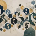 צורות גיאומטריות ומשושים בצבעי כחול, זהב ובז', בסגנון מודרני וסימטרי