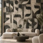 טפט גיאומטרי בגווני שחור, לבן ואפור על קיר בסלון עם ספה מודרנית ושולחן זכוכית.