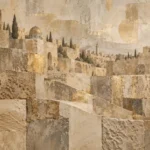 נוף עירוני עתיק עם מבנים מאבן וקשתות, בג', זהב ואפור, בסגנון קולאז'י
