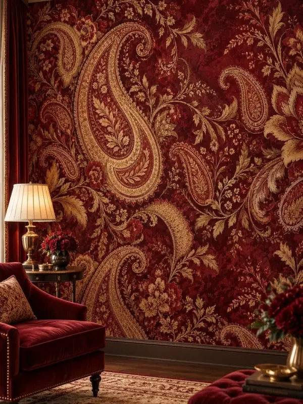 Red and Gold Paisley Floral Wallpaper