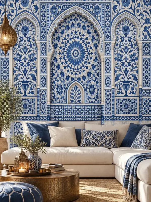 Blue Floral and Lines Wallpaper