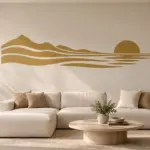 מדבקת אומברה אופק על קיר בסלון עם ספה אפורה ושולחן קפה קטן