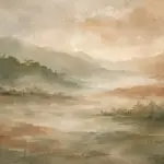 עיצוב מופשט של נוף עם הרים ונהר בגווני ירוק חום ובז'