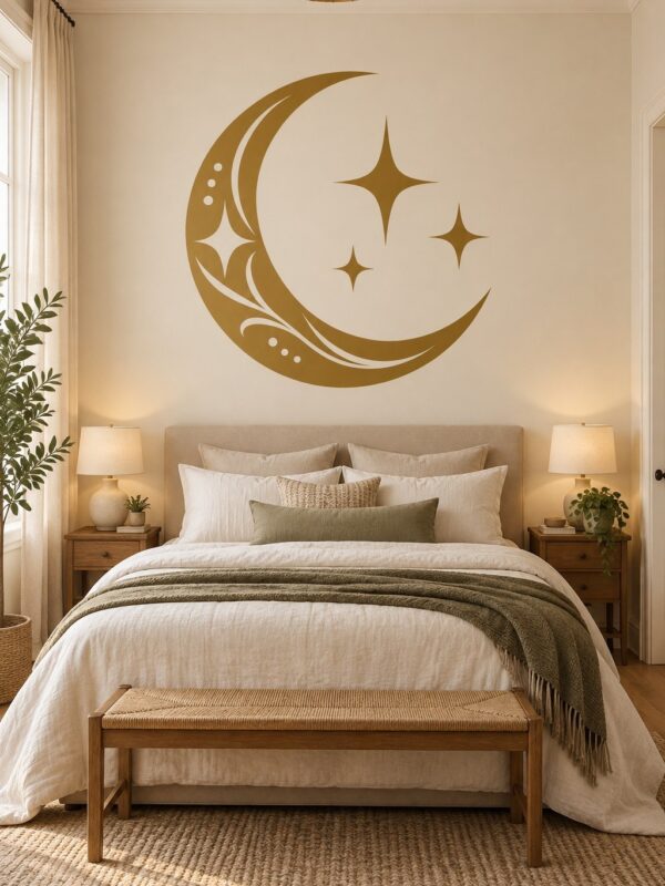 Golden Crescent Moon and Stars Wall Decal