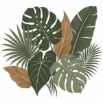 עלים טרופיים בגווני ירוק וחום חופפים עם טקסטורות מפורטות ודפוסים עשירים