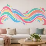 מדבקה עם קווים מתפתלים בצבעי פסטל על קיר בחדר ילדים עם מיטה לבנה ומשחקים צבעוניים.