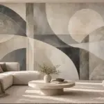 טפט גיאומטרי מופשט בגווני בז' ואפור על קיר סלון עם ספה אפורה ושולחן עץ בהיר.