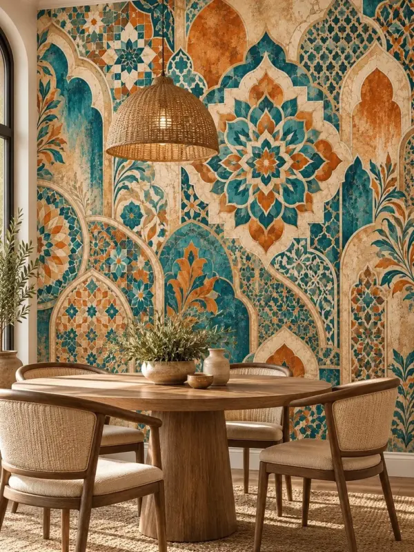 Geometric Floral Mosaic Turquoise Wallpaper