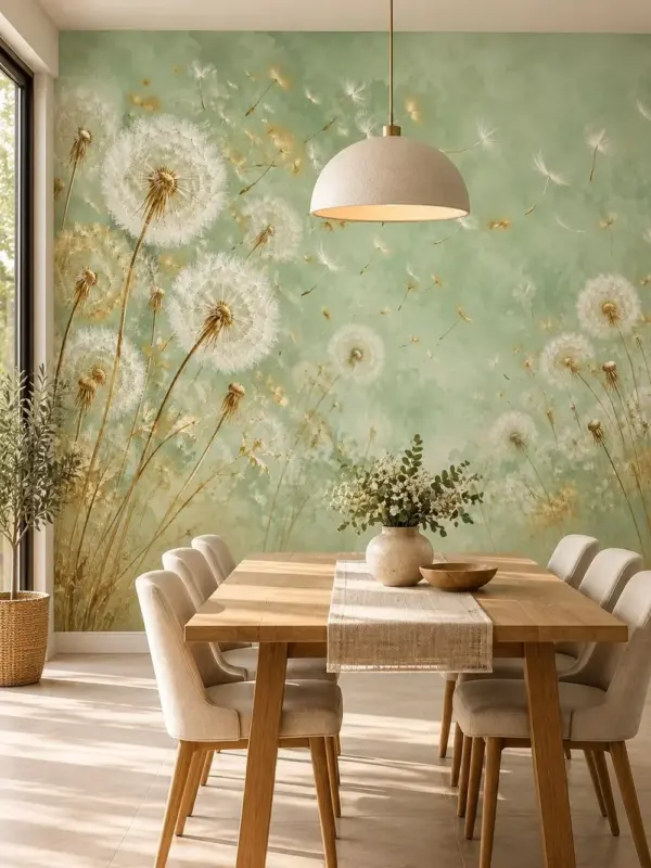Dandelion in the Wind Green Wallpaper