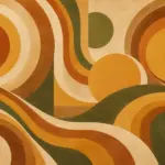 עיצוב גיאומטרי של מעגלים חופפים וקווים מעוגלים בגוונים חמים של כתום, חום וירוק.