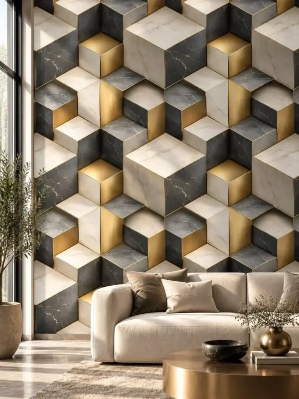 3D Cubes with Gold Touches Black and White Wallpaper