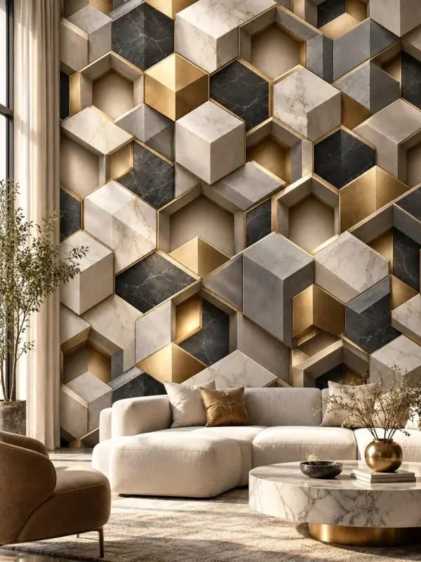 Warm 3D Cubes Beige, Black and Gold Wallpaper