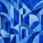 צורות גיאומטריות של קשתות, מעגלים וקווים בגווני כחול שונים