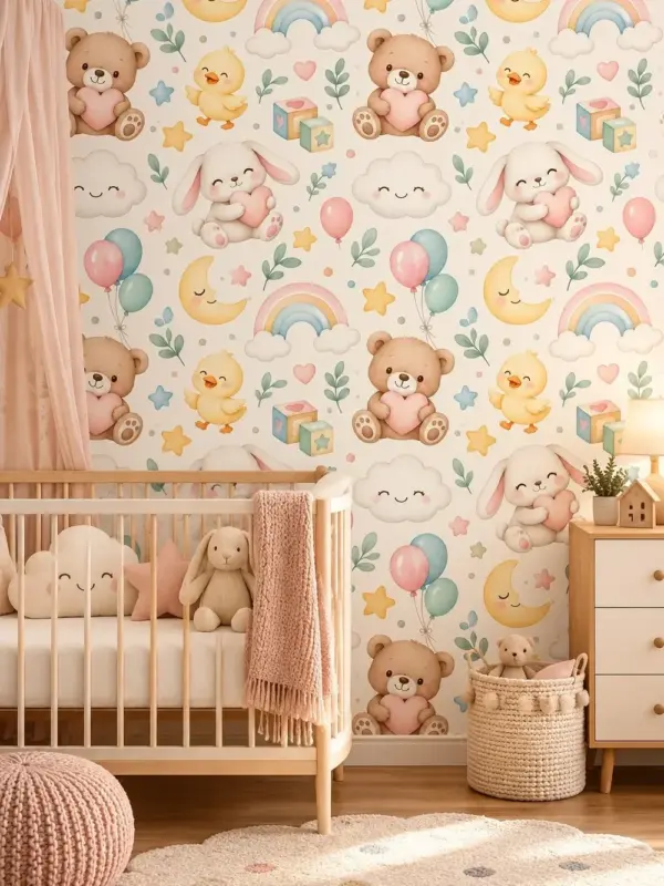 Sweet Animals in a Pastel Sky Nursery Wallpaper