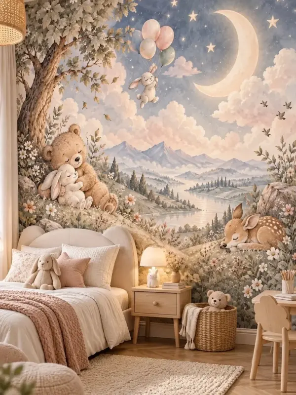 Bear and Bunny Hug Enchanted Forest Nursery Wallpaper