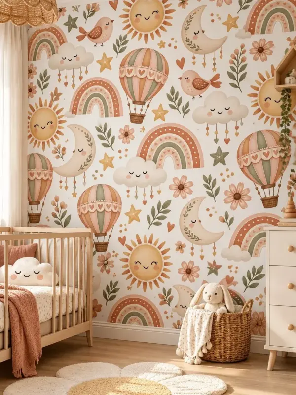 Smiling Suns, Birds and Rainbows Kids Wall Mural