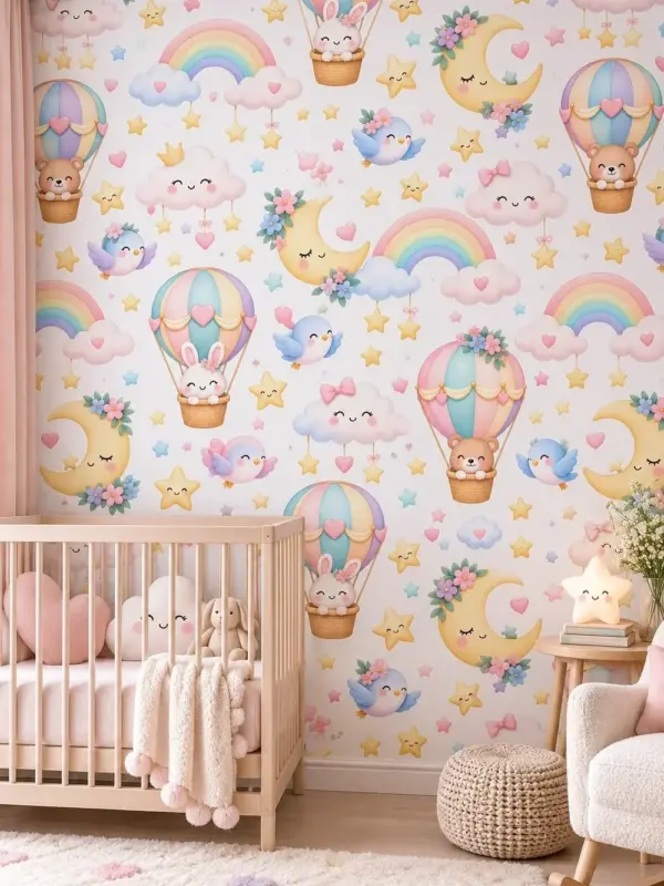 Smiling Clouds and Crescent Moons Nursery Wall Mural