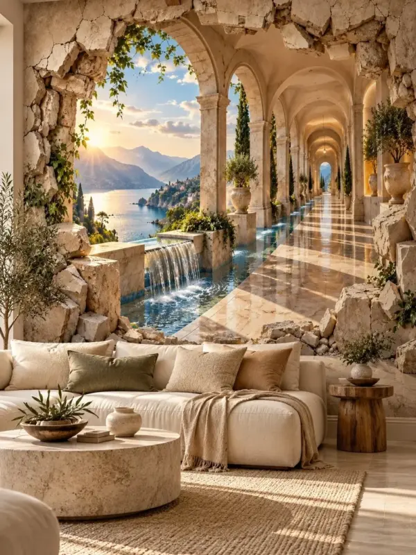 Mediterranean Stone Gate Sea Sunset Wall Mural