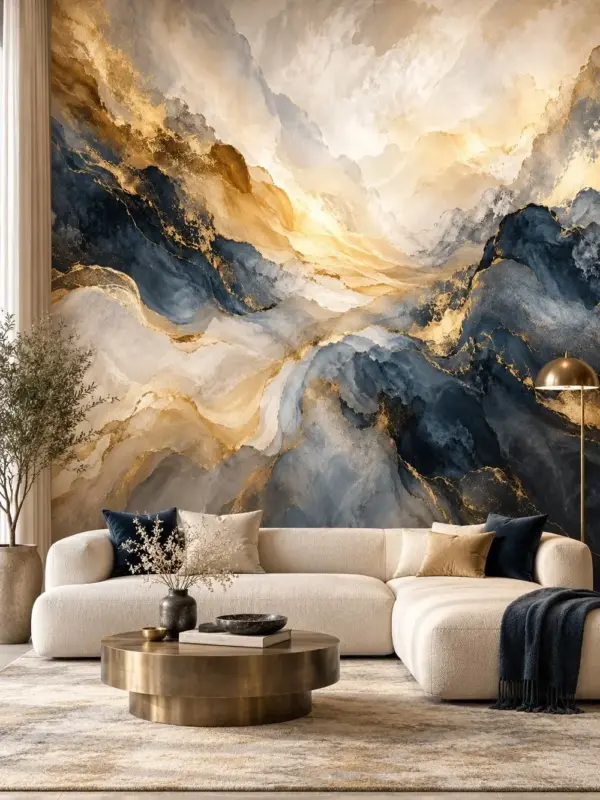 Gold and Blue Abstract Landscape Wall Mural