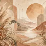 נוף אמנותי עם הרים, שמש ונהר, מוקף בצמחייה טרופית ודגני פמפס בגווני אדמה