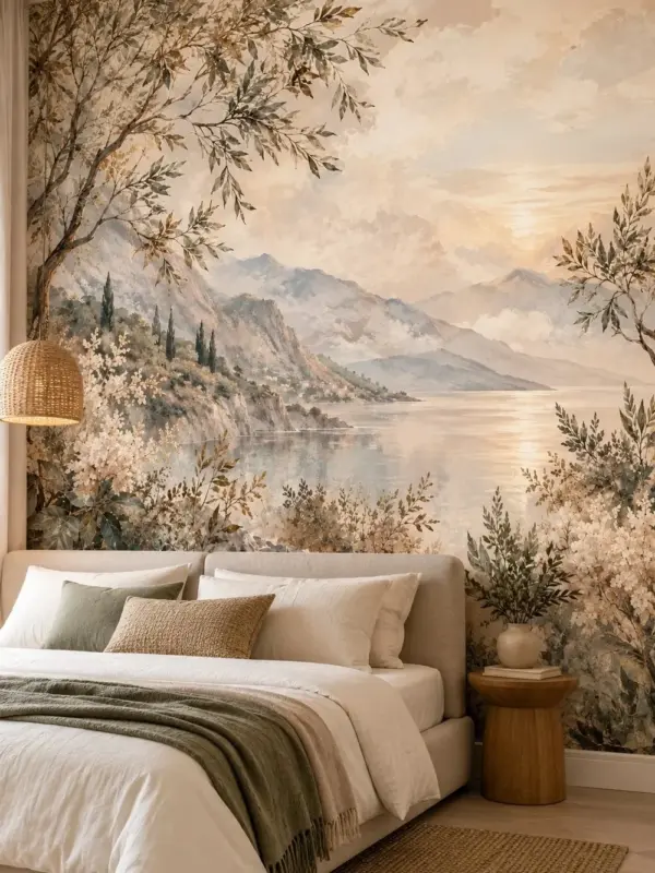 Trees, Mountains and Quiet Lake Bedroom Wall Mural