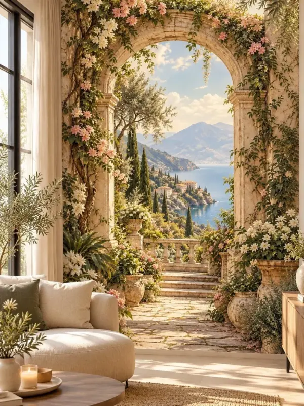 Pastel Floral Arch with Mountain Lake Wall Mural