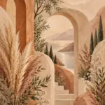 נוף ים תיכוני עם קשת, מדרגות ושמש גדולה בגווני בז', טרקוטה וירוק זית