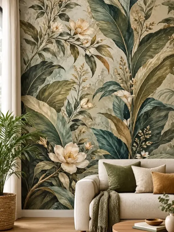 Tropical Leaf Wallpaper with White Flowers