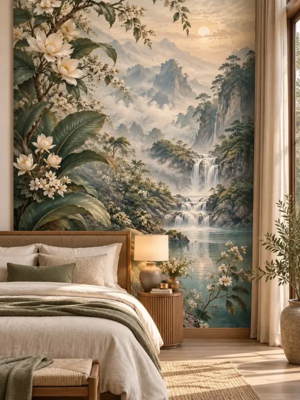 White Flowers and Misty Waterfalls Wall Mural