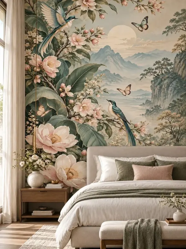 Bird on a Blossoming Branch Nature Wall Mural